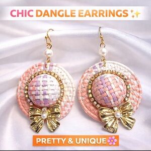 Wildflower Woven Hat Statement Earrings Pink White Bow Rhinestone Dangle -Varies